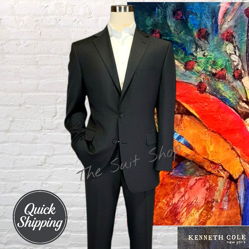 Kenneth Cole NY Mens 46L 40x31 Midnight Blue Micro-Stripe 2-Piece Suit 3/2 Roll